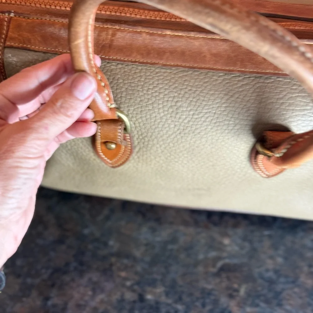 Vintage Dooney & Bourke Olive Green and Brown Leather Satchel with Brass Accents